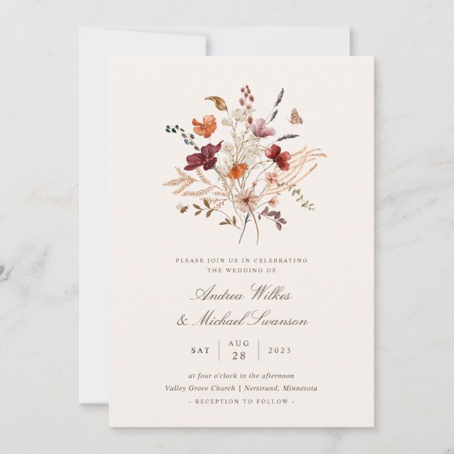 Boho Vintag Wildblume Hochzeit im Herbst Einladung (Vorderseite)