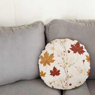 Boho Vintage Ahornblätter Winter Blumenmuster Rundes Kissen