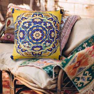 Boho Vintage Blaues und Oranges Blumen-Wurfkissen Kissen