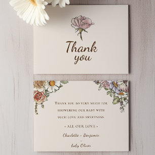 Boho Vintage Blumen Beige Babyparty Dankeskarte
