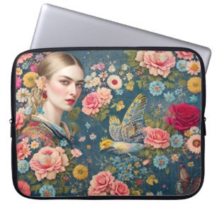 Boho-Vintage-Blumen-Collage mit Frau Laptopschutzhülle
