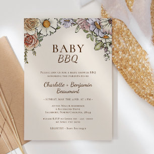 Boho Vintage Floral Beige Baby BBQ Baby Shower-Ein Einladung