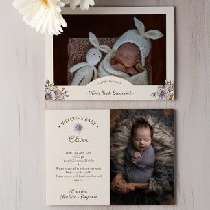 Boho Vintage Floral Beige Zwei-Fotos-Geburtsanzeig Ankündigung