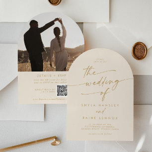 Boho Vintage Gold Foto QR Code Torbogen Hochzeit Einladung