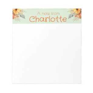 Boho Vintage Orange Sonnenblume Wasserfarbe Grün Notizblock