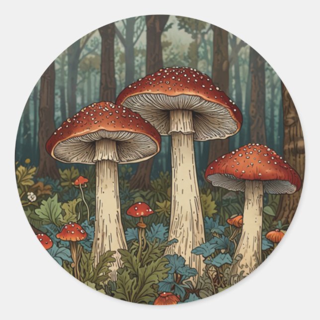 Boho Vintage Pilze Wald Runder Aufkleber (Vorderseite)