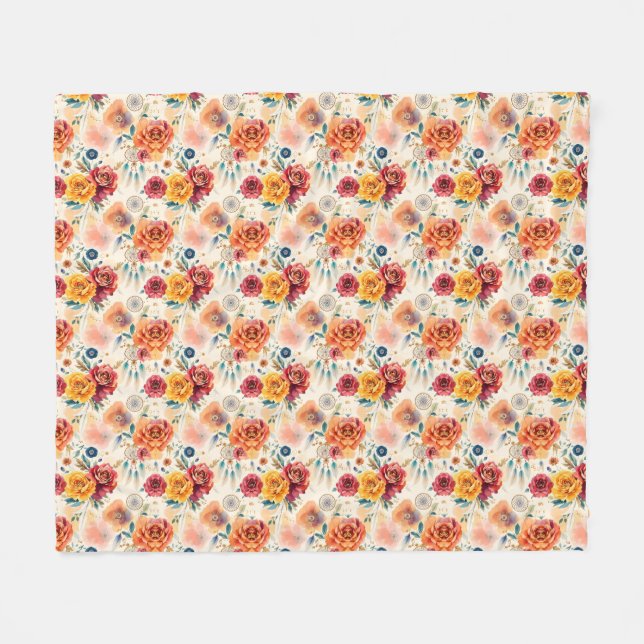 Boho Vintage Rose und Federn Blumenmuster Fleecedecke (Vorderseite (Horizontal))