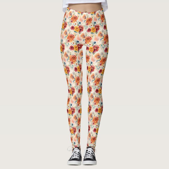 Boho Vintage Rose und Federn Blumenmuster Leggings (Vorderseite)
