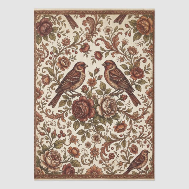 Boho Vintage Vögel & Blumenmotive Seidenpapier (Vorderseite)