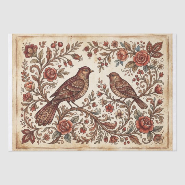 Boho Vintage Vögel & Blumenmotive Seidenpapier (Vorderseite)