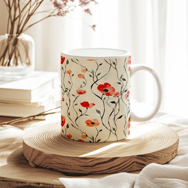 Boho Vintages Rotmohnmuster Kaffeetasse (Boho Vintage Watercolor Red Poppy Pattern Coffee Mug on a sunny neutral boho kitchten table.)