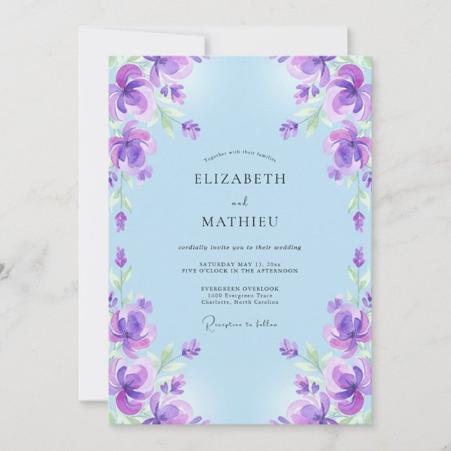 Boho-Violette Azurblaue Gemalte Hochzeit Einladung (Vorderseite)