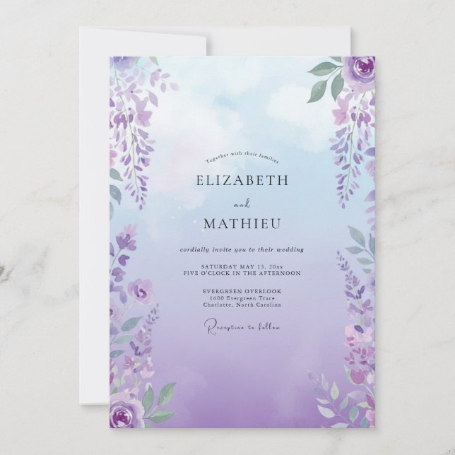 Boho-Violette-Glyzinien-Hochzeit Einladung (Vorderseite)
