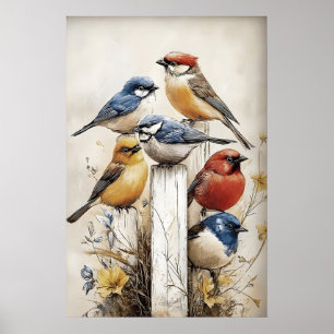 Boho-Vögel auf Zaundruck, Vogel Landhaus-Kinderzim Poster