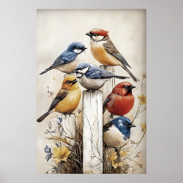 Boho-Vögel auf Zaundruck, Vogel Landhaus-Kinderzim Poster (Vorne)