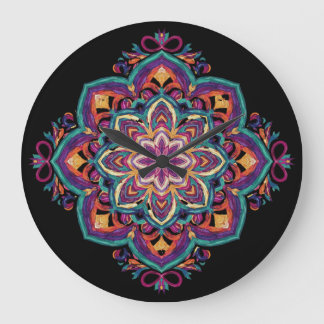Boho-Volkskunst-Blume Große Wanduhr