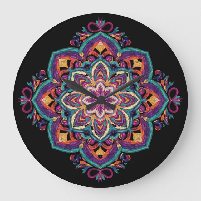 Boho-Volkskunst-Blume Große Wanduhr (Vorderseite)