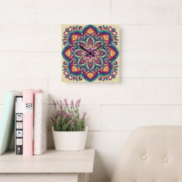 Boho-Volkskunst-Blume Quadratische Wanduhr