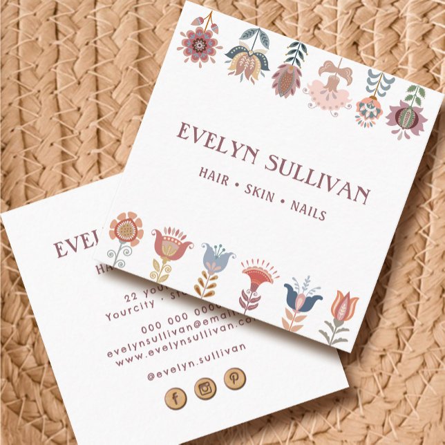 boho volkskunstliche Blume quadratische Visitenkar Quadratische Visitenkarte (Von Creator hochgeladen)