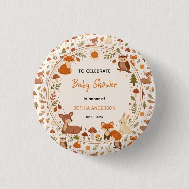 Boho-Wald-Baby-Party | Rustikale Waldtiere Button (Vorderseite)