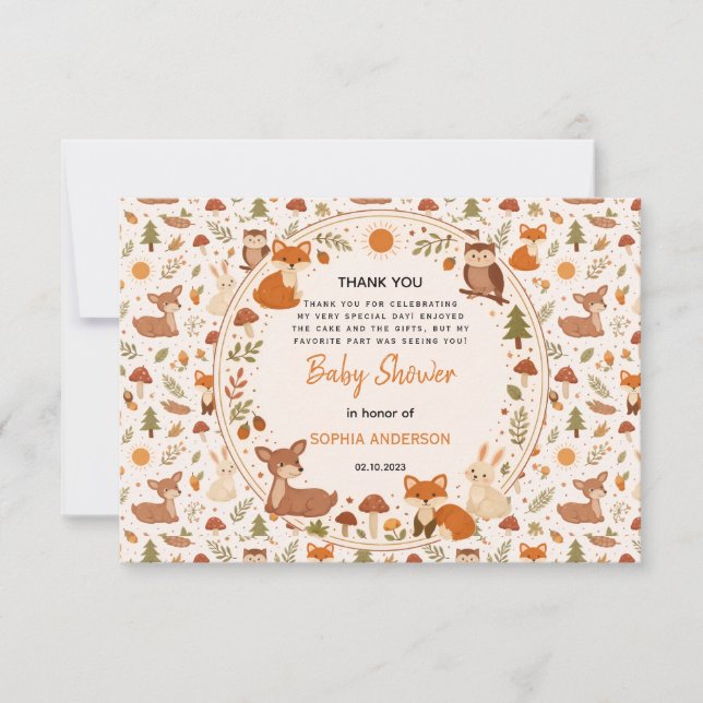 Boho-Wald-Babyparty | Rustikale Waldtiere Dankeskarte (Vorderseite)