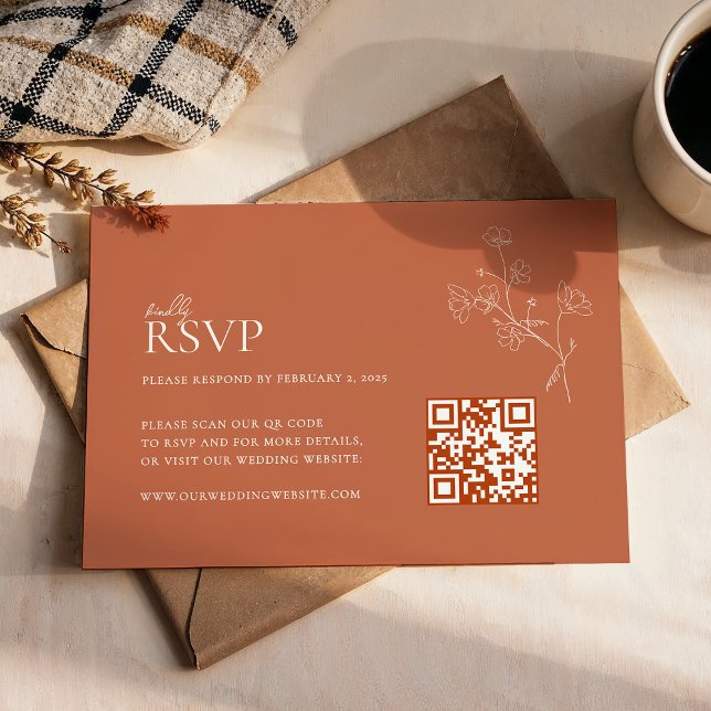 Boho Warm Sienna Terracotta Floral Qr Code Hochzei RSVP Karte (Von Creator hochgeladen)