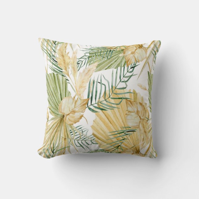 Boho Wassercolor Tropical Blätter und Pampas Grass Kissen (Vorderseite)