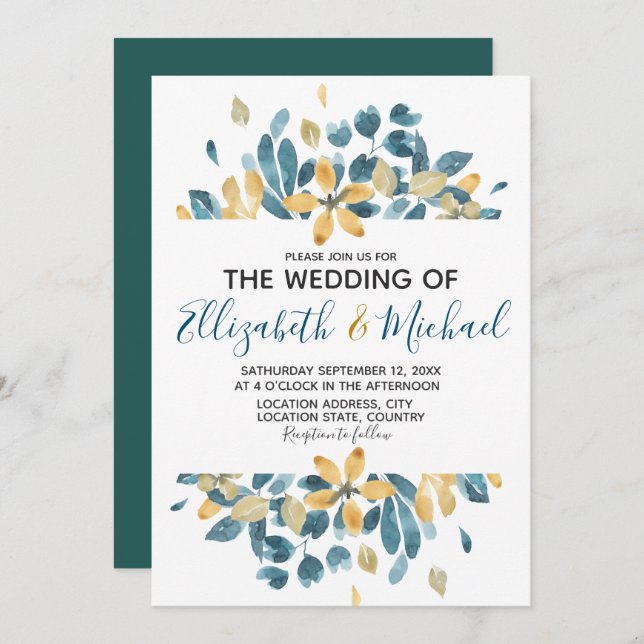 Boho Wasserfarbe Aquamarin Gelbe Hochzeit Einladung (Vorne/Hinten)