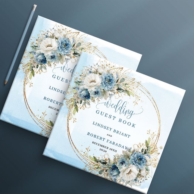 Boho-Wasserfarbe Blaue Blumen Gold Gästebuch (Boho Watercolor Blue Flowers Gold Guest Book)