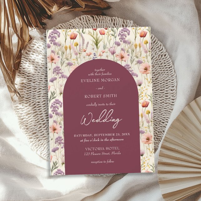 Boho Wasserfarbe Elfenbein lila wilde Blume Einladung (Boho watercolor maroon ivory purple wild flowers invitation)