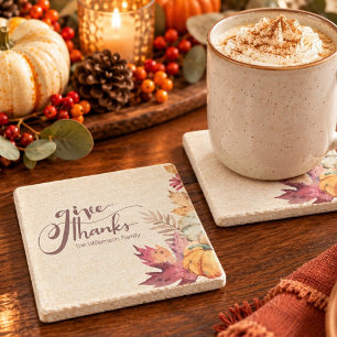 Boho-Wasserfarbe-Kürbis und Blätter Thanksgiving Steinuntersetzer