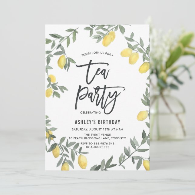 Boho Wasserfarbe Lemon Wreath Party Einladung (Stehend Vorderseite)