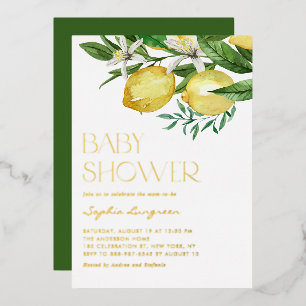 Boho-Wasserfarbe-Limonen- und Blüten-Baby-Party Folieneinladung