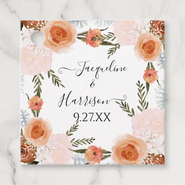 BOHO Wasserfarbe Peach Blush Blumenblättrige Grünp Geschenkanhänger (Vorderseite)