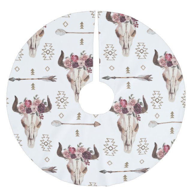 Boho Wasserfarbe: Pfeile, Schädelmuster. Polyester Weihnachtsbaumdecke (Vorderseite)