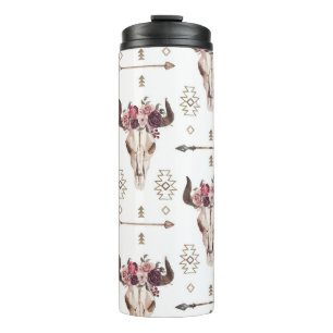 Boho-Wasserfarbe: Pfeile, Totenkopfmuster. Thermosbecher