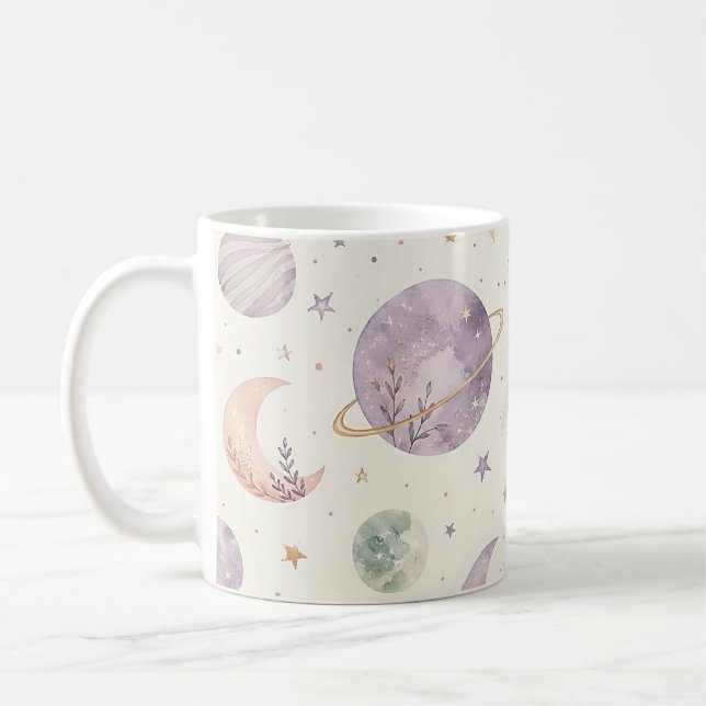 Boho-Wasserfarbe Raum & Planeten nahtloses Muster Kaffeetasse (Links)