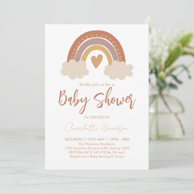 Boho-Wasserfarbe-Regenbogen-Baby-Party Einladung (Stehend Vorderseite)