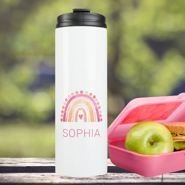Boho Wasserfarbe Regenbogen in rosa personalisiert Thermosbecher (Personalized kids Thermal Tumbler drink bottle with Boho Watercolor Rainbow in Pink and Yellow)