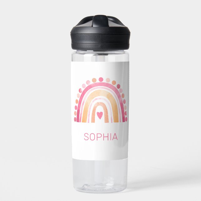 Boho Wasserfarbe Regenbogen in rosa personalisiert Trinkflasche (Vorderseite)