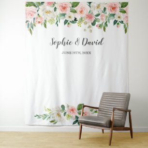 Boho-Wasserfarbe Rosa Rosenblüten Hochzeit Wandteppich