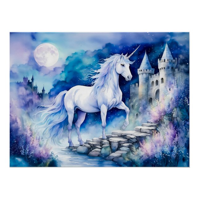 Boho Wasserfarbe Weißes Einhorn Nähe Altes Schloss Poster (Vorderseite)