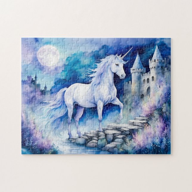 Boho Wasserfarbe Weißes Einhorn Nähe Altes Schloss Puzzle (Horizontal)