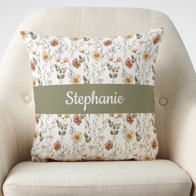 Boho-Wasserfarbe-Wildblumen-Monogramm-Name Kissen (Von Creator hochgeladen)