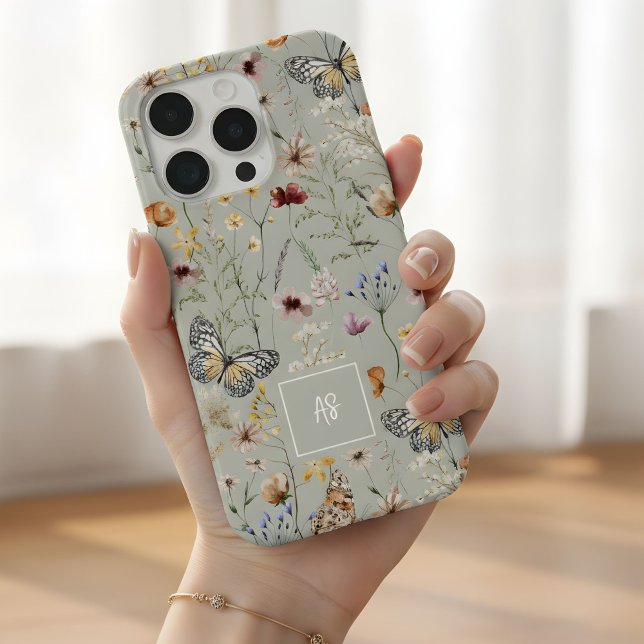 Boho-Wasserfarbe-Wildblumen-Muster-Monogramm iPhone Hülle (Von Creator hochgeladen)