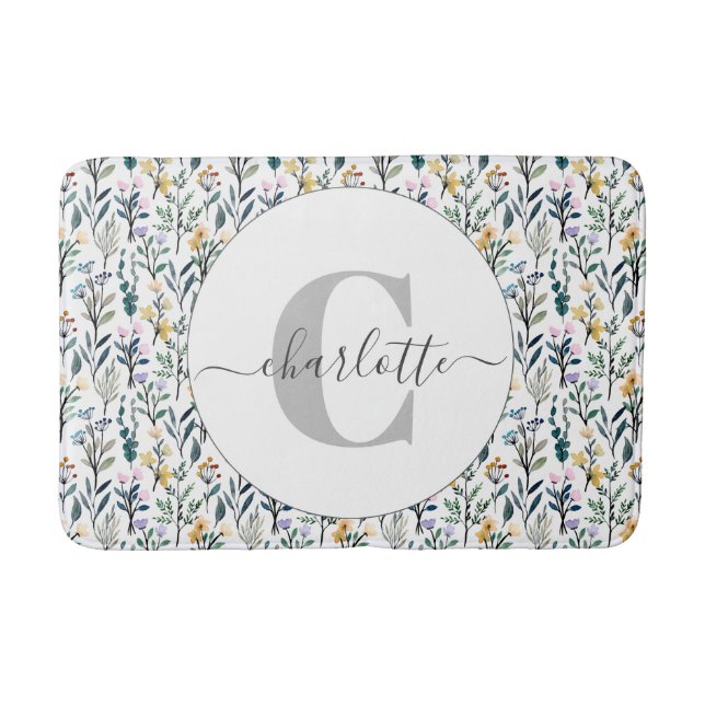 Boho Wasserfarbe Wildblumen Muster Monogramm Name  Badematte (Vorderseite)