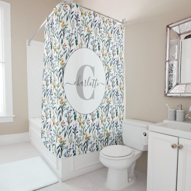 Boho Wasserfarbe Wildblumen Muster Monogramm Name  Duschvorhang (Beispiel)