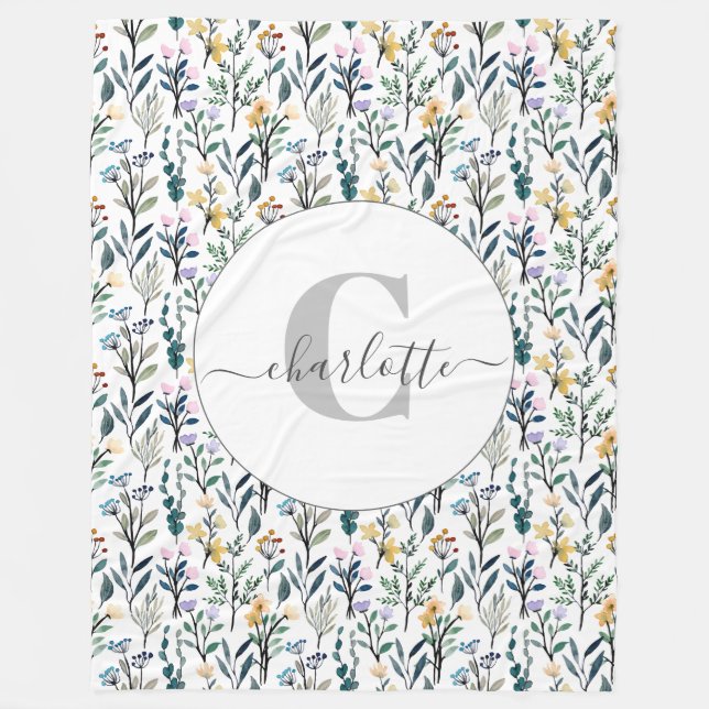 Boho Wasserfarbe Wildblumen Muster Monogramm Name Fleecedecke (Vorderseite)