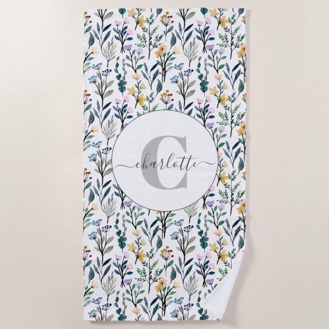 Boho Wasserfarbe Wildblumen Muster Monogramm Name Strandtuch (Vorderseite)