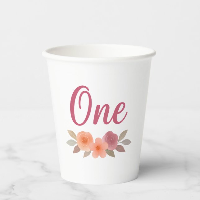 Boho-Wasserfarben-Blumen-Erstgeburtstag  Pappbecher (Vorderseite)